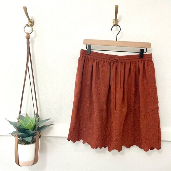 LOFT Rust Orange Drawstring Embroidered Skirt Size M - Picture 2 of 6